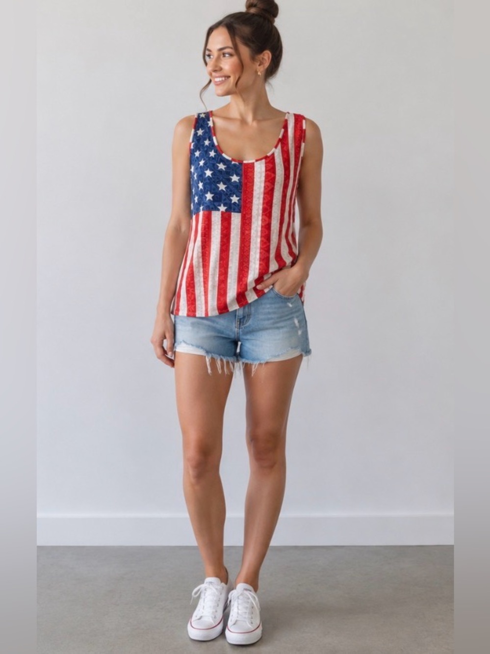 American Flag Tank Top USA Patriotic Sleeveless Lace Back Fourth of July Top